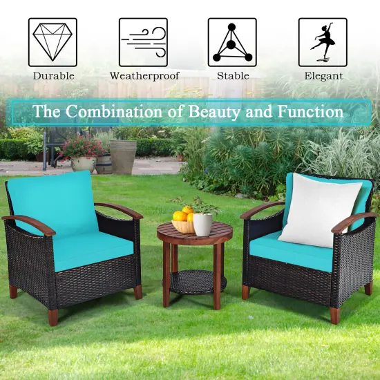 Costway 3PCS Patio Rattan Furniture Set Wooden Frame Cushion Table Shelf Red\Beige\Blue {5}