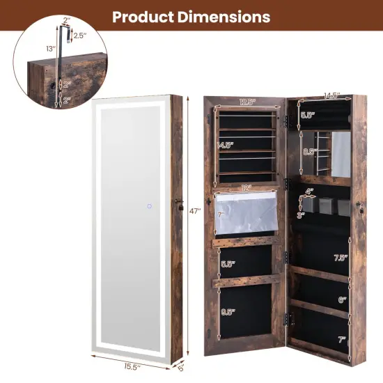 Costway Door Wall Mount Touch Screen LED Light Mirrored Jewelry Cabinet Storage White/Coffee/Black {3}