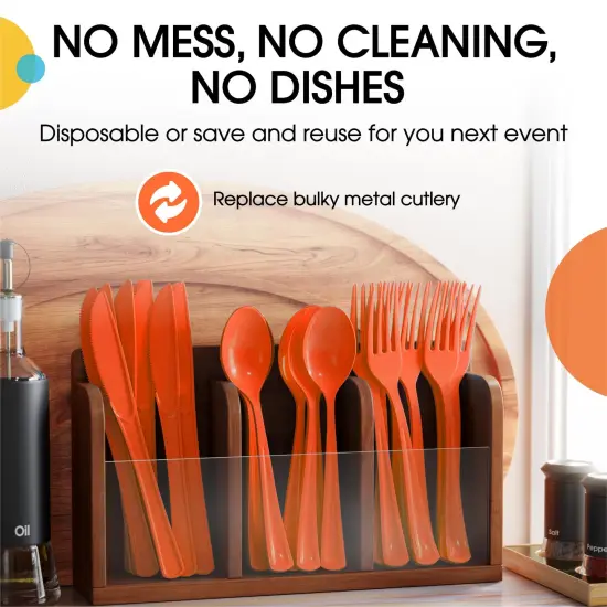 Exquisite Polished Plastic Silverware &ndash; 150 Pcs Heavy Duty Cutlery Set &ndash; 50 Each of Forks, Knives & Spoons &ndash; Disposable Utensil Set for Parties, Events & Catering &ndash; Flatware Set by Party Solids Orange {5}