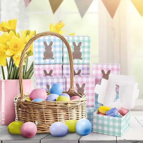 24Pcs Easter Treat Boxes with Bunny Window 4 x 4 x 2.6 Inch Colorful Plaids Cupcake Cardboard Box Rabbit Shape Window Cookie Goodie Candy Box Easter Treat Gift Boxes for Holiday Party Favor {5}