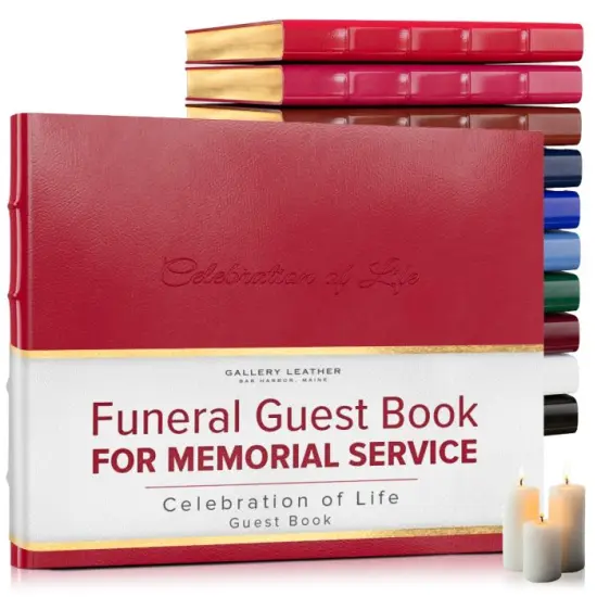 Gallery Leather Guest Book Funeral, Celebration of Life, Memorial, 192 Lined Pages, Bonded Leather, Hardcover Camden Red {1}