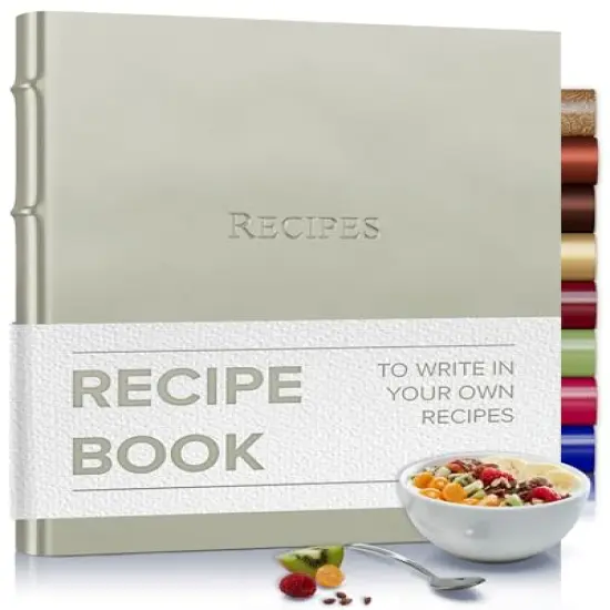 Gallery Leather Recipe book to write your own recipes - 3 Ring Recipe Binder With Protective Plastic Sleeves, Blank Cards, 25 Pocket Pages and Ivory Cards, Refillable - 9.25 x 8 " Frprt Met Silver {1}
