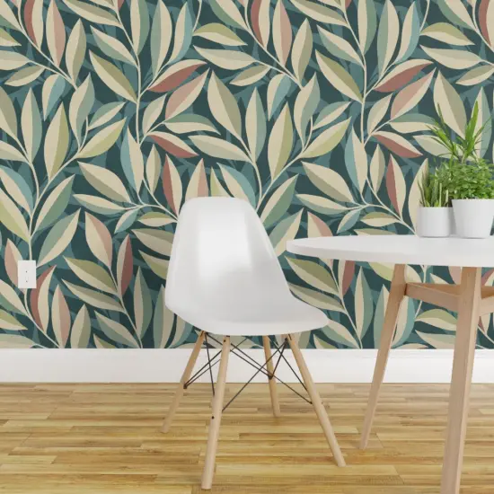 Pre-Pasted Wallpaper 2FT Wide Modern Botanical Calm Leaves Eucalyptus Leaf Tropical Multicolor Blue Green Large Scale Custom Pre-pasted Wallpaper by Spoonflower {1}