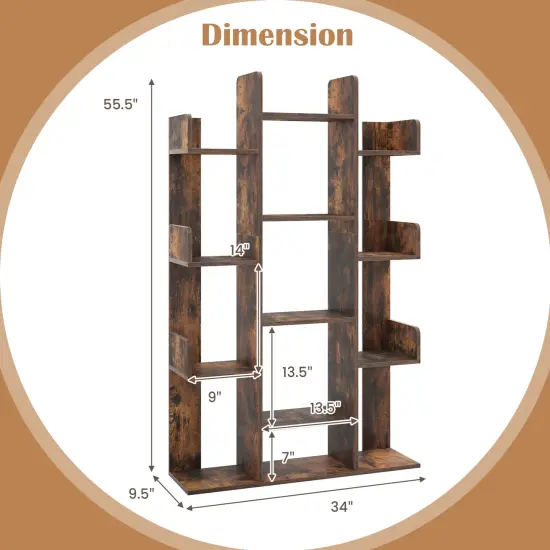 Costway 1/2 PCS Bookshelf Tree-Shaped Bookcase with 13 Storage Shelf Rustic Industrial Style Rustic Brown {3}