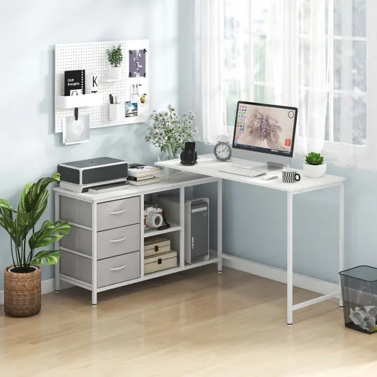 Costway L-shaped Computer Desk with Power Outlet, Drawers, Metal Mesh Shelves Rustic Brown/Black/White {2}