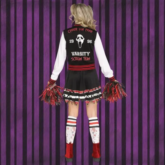 Adult Scream for the Team Costume Halloween Cheerleader Dress Varsity Jacket Skirt Ghost Face Outfit {6}