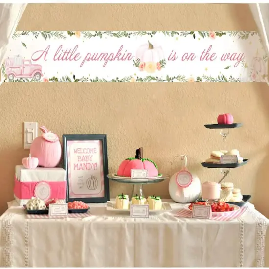 A Little Pumpkin is On the Way Banner, Fall Theme Pumpkin (Pink) {3}