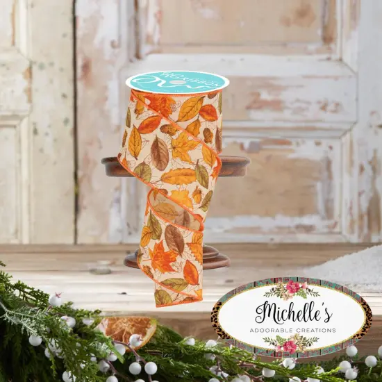 2.5" Leaves and Acorns Ribbon: Tobacco (10 Yards) {3}