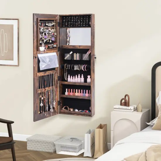 Costway Door Wall Mount Touch Screen LED Light Mirrored Jewelry Cabinet Storage White/Coffee/Black {2}