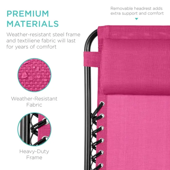 Best Choice Products Set of 2 Zero Gravity Lounge Chair Recliners for Patio, Pool w/ Cup Holder Tray Hot Pink {6}