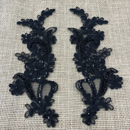 1 Pair Beaded & Corded Floral Lace Applique 9" x 2.5" Each Side White {7}