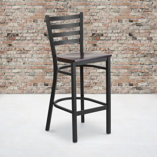 Emma and Oliver 2 Pack Ladder Back Metal Restaurant Barstool WalnutWood/Black {1}