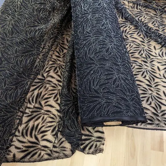 1 Yard Black Velvet Flocking Lace Glitter Mesh Fabric with Stretch 100 Percent Polyester 59/60 Inches Wide Black & Silver {3}