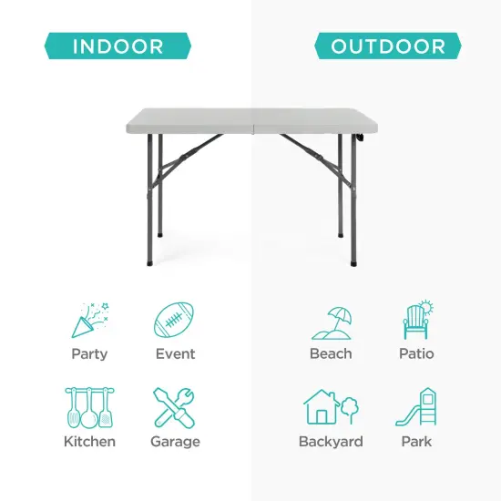 Best Choice Products 4ft Plastic Folding Table, Indoor Outdoor Heavy Duty Portable w/ Handle, Lock for Picnic Light Gray {4}