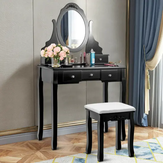 Costway Vanity Jewelry Wooden Makeup Dressing Table Set W/Stool Mirror & 5 Drawers Black {5}