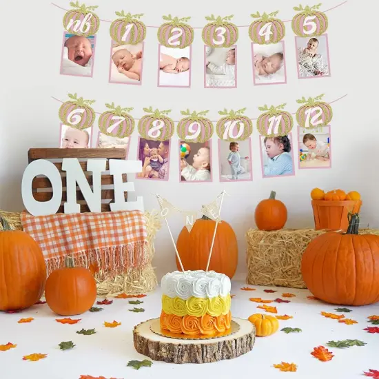Pumpkin 1st Birthday Photo Banner, Glitter Pumpkin -12 Month Photo Display for Pumpkin {2}