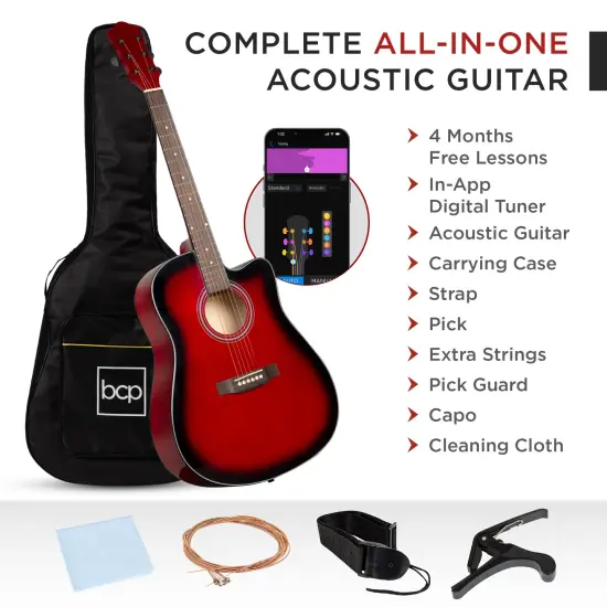Best Choice Products 41in Full Size Beginner Acoustic Guitar Set with Case, Strap, Capo, Strings Red {3}
