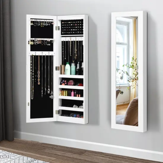 Costway Wall Door Mounted Mirrored Jewelry Cabinet Organizer Storage w/LED Light White {2}