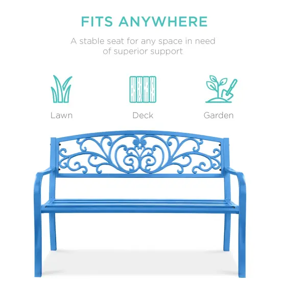 Best Choice Products Outdoor Steel Bench Garden Patio Porch Furniture w/ Floral Design Backrest Ocean Blue {3}