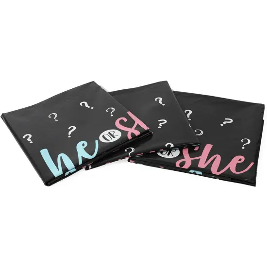 Gender Reveal Party Plastic Tablecloth, He or She (54 x 108 in, 3 Pack) Black {7}