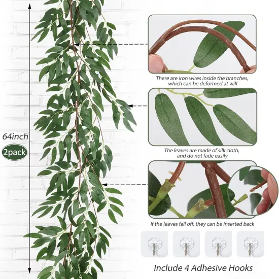 Artificial Willow Leaves Vine Twigs 2Pcs 5.7Ft Fake Hanging Ivy Plants Silk Green Leaf Rattan Garland Greenery Decor for Indoor Outdoor Home Wedding Arch Jungle Beach Birthday Party Garden {3}