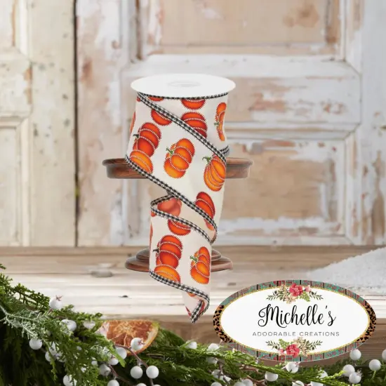 2.5" Stitch Pumpkin Royal Ribbon: Ivory (10 Yards) {2}