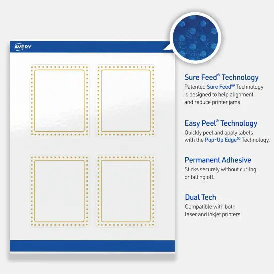 Avery Printable Rectangle Labels, Gold Border with Gold Dots, 4" x 3-1/3", Glossy White Rectangle Labels, Permanent, Laser/Inkjet, 40ct, Great for Product Labels {3}