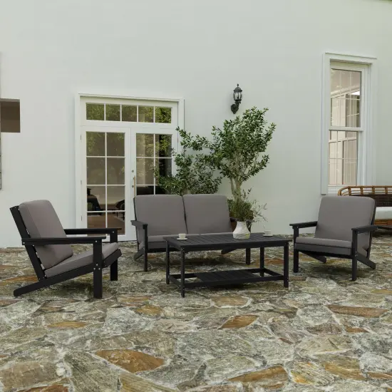 Merrick Lane Riviera All-Weather Poly Resin Wood Two Tiered Adirondack Slatted Coffee Conversation Table Gray {12}