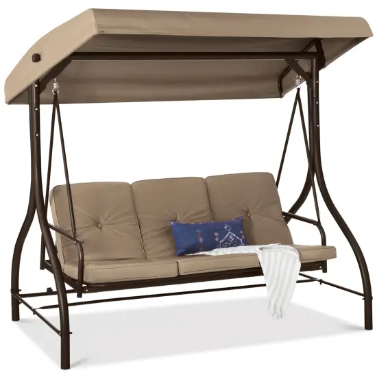Best Choice Products 3-Seat Outdoor Converting Canopy Swing Glider Patio Hammock w/ Removable Cushions Desert Taupe {1}