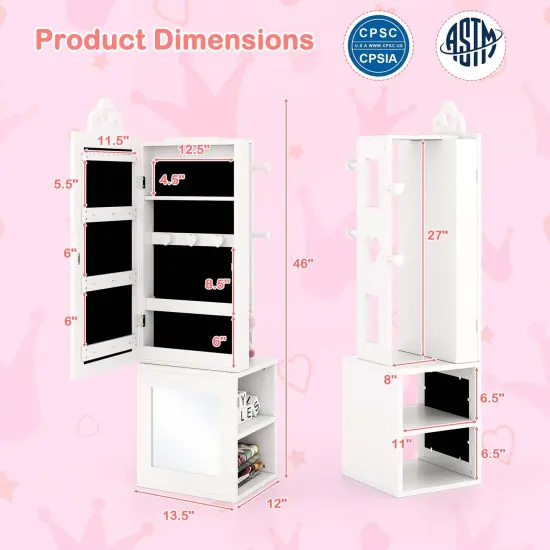 Costway Kids Jewelry Cabinet Standing Children Jewelry Organizer with Full-Length Mirror White/Pink {3}