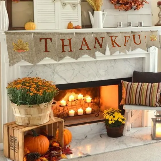 Thankful Burlap Banner Fall Autumn Maple Leaves Rustic Burlap Harvest Banner {3}