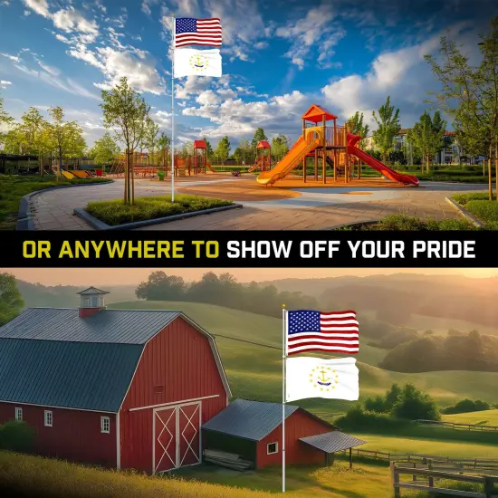 G128 Combo Pack: 20 Ft Telescoping Aluminum Flagpole (Silver) & American and Rhode Island No Golden Border Flags 3x5 Ft, Both ToughWeave Series Embroidered Polyester | Pole with Flags Included {6}