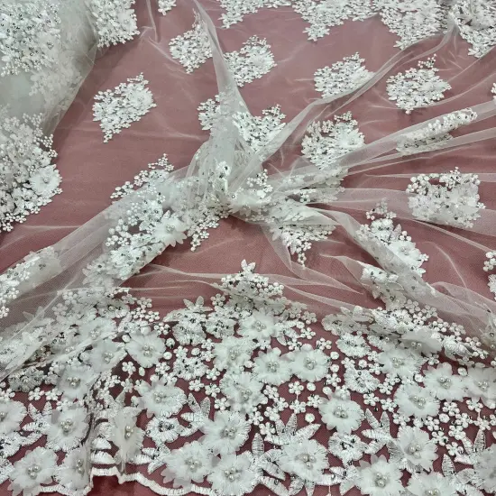 1 Yard Beaded 3D Floral Lace Fabric Embroidered on 100% Polyester Net Mesh 52" Width Off White {1}