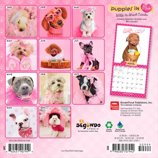 Puppies in Pink | 2026 7 x 14 Inch (Hanging) Monthly Mini Wall Calendar {2}
