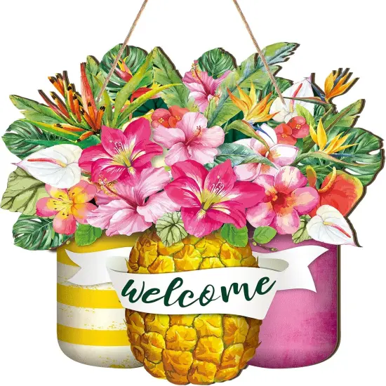 Summer Welcome Door Decoration Pineapple Mason Jar Welcome Wooden Sign Farmhouse Holidays Wall Decor with Rope for Home Front Door Porch Outdoor {1}