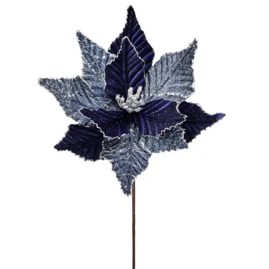 24" Blue and Silver Winter's Night Poinsettia Stem - Luxurious Christmas Floral Decoration {1}
