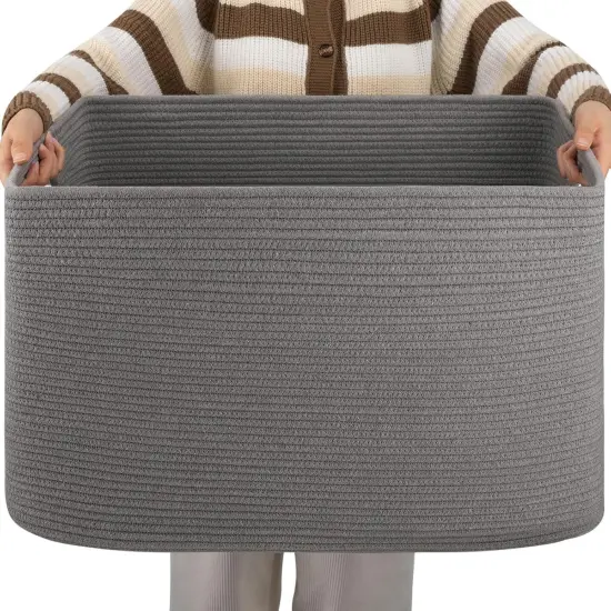XXLarge Rectangle Blanket Basket-96L, Cotton Woven Basket for Storage, Dirty Clothes Basket for Living Room, Nursery, Bedroom, Toy Organizing with Handle, 24" x 16" x 15", Dark Grey {1}