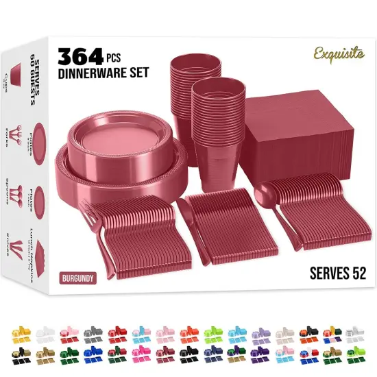 Exquisite 350 Pcs Plastic Plates for Party &ndash; Disposable Plates Set &ndash; 50 Each of 9" Dinner Plates, 7" Dessert Plates, Plastic Cups, Napkins & Plastic Cutlery &ndash; Plastic Dinnerware by Party Solids Burgundy {1}