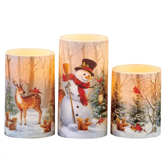 Collections Etc LED Lighted Winter Snowman and Friends Forest Scene 3-Piece Candle Set {2}
