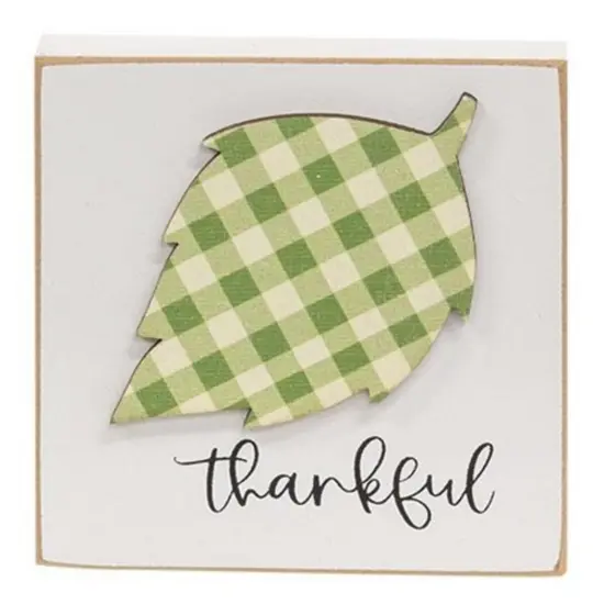 Rustic White Wooden &lsquo;Thankful&rsquo; Block with Green & White Plaid Leaf {1}