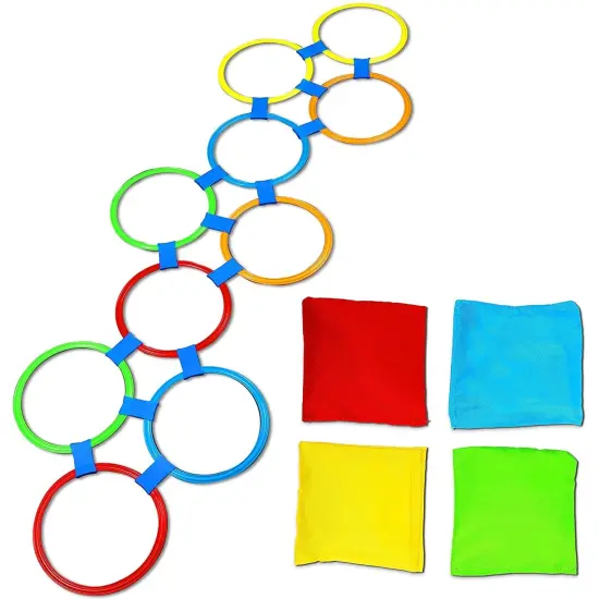 Hopscotch Game for Kids, 10 Rings, 4 Bean Bags, 15 Connectors (29 Pieces) Multicolor {1}
