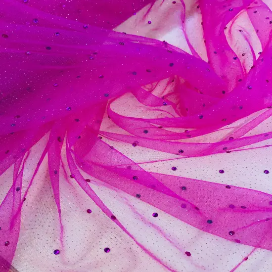 1 Yard Glitter Mesh Fabric with Scattered Rhinestones 60" Wide, 2-Way Stretch Sparkle Mesh for Gowns, Bridal Wear & Costumes Pink {3}