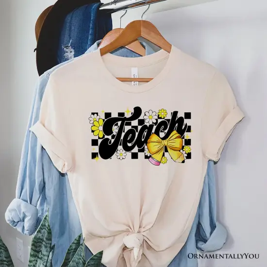 Teach Checkered Coquette Bow T-Shirt, White and Natural Retro Tee for Trendy Teachers {1}