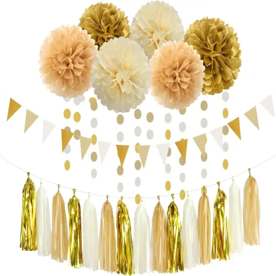 White Gold Champagne Party Decorations - 23pcs Tissue Pom Poms Streamers,Christmas Wedding Engagement Tassel Garland Banner,Bachelorette Neutral Birthday Baby Bridal Shower Decor Lasting Surprise {1}