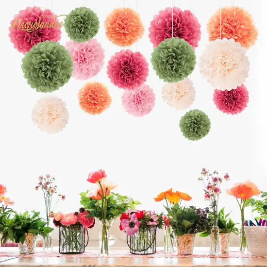 Wedding Party Decorations - 16Pcs Pink, Sage Green, Ivory Tissue Paper Pom Poms for Birthday, Engagement, Baby/Bridal Shower, Anniversary, Pastel Party, Festival Decorations {5}