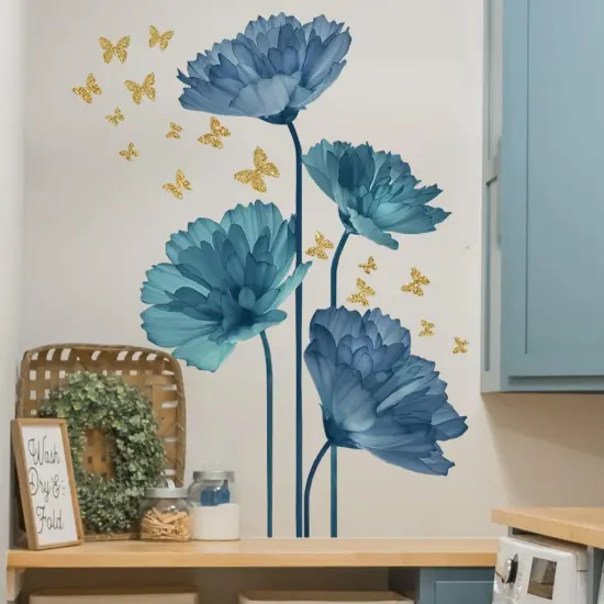 Large Blue Flower Wall Decals Butterfly Floral Wall Stickers Backdrop for Living Room Bedroom Bathroom Wall Decor {3}