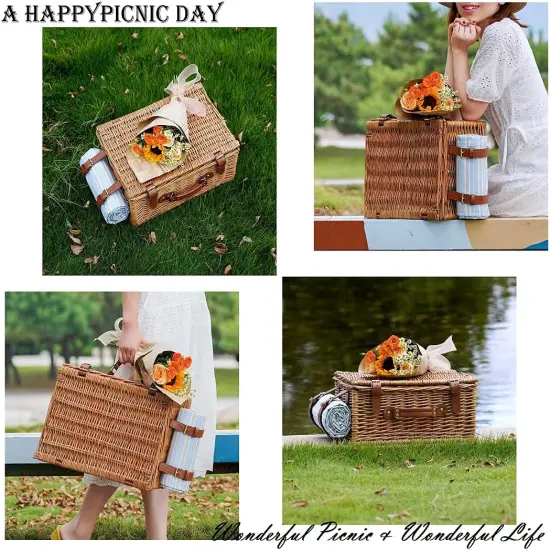 Picnic Basket Set for 2 Persons, Willow Hamper with Large Insulated Cooler Compartment, Waterproof Blanket and Cutlery Service Kit-Classical Brown {3}
