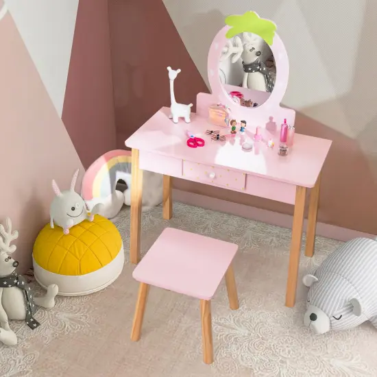 Costway Kid Vanity Table Stool Set with Mirror Wooden Legs Storage Drawer Pink {2}