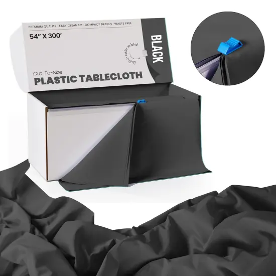  Party Solids 54" x 300' Plastic Table Cover Roll with Slide Cutter &ndash; Cut-to-Size Dispenser Box &ndash; Makes Up to 36 Disposable 8' Rectangle Tablecloths by Exquisite Black {2}