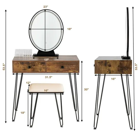 Costway Vanity Makeup Dressing Table W/ 3 Lighting Modes Mirror Touch Switch Rustic\Coffee {8}